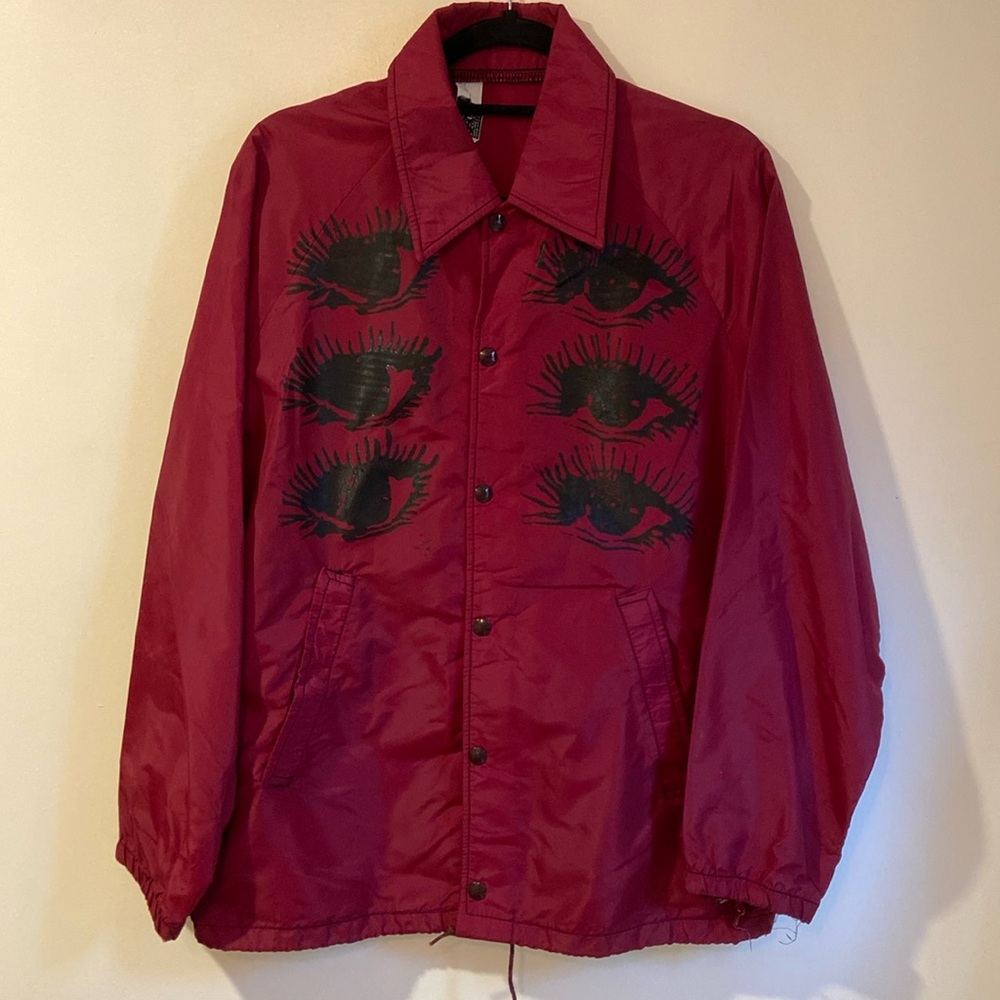 Custom Block-Printed “EYEZ” on Bojax Vintage Maroon Utility Jacket Men Small